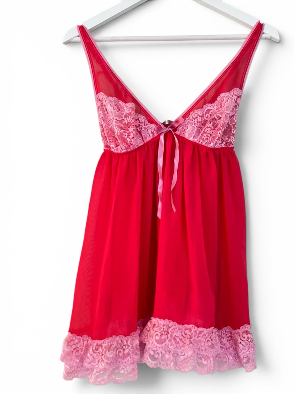 Vintage Sheer Pink Babydoll Nightgown Lace Trim Lingerie Slip Sleepwear Y2K